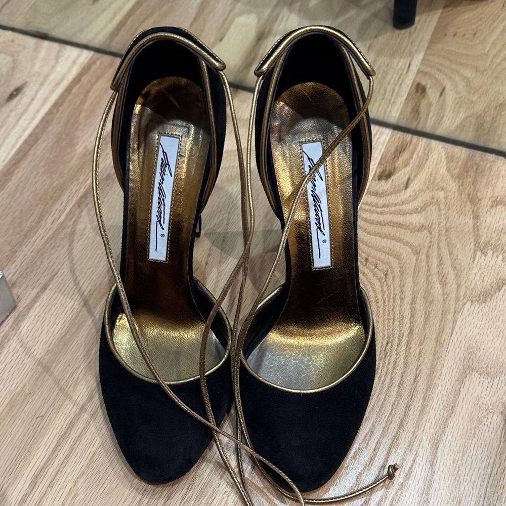 Brian Atwood Black and Gold Lace-Up Heels